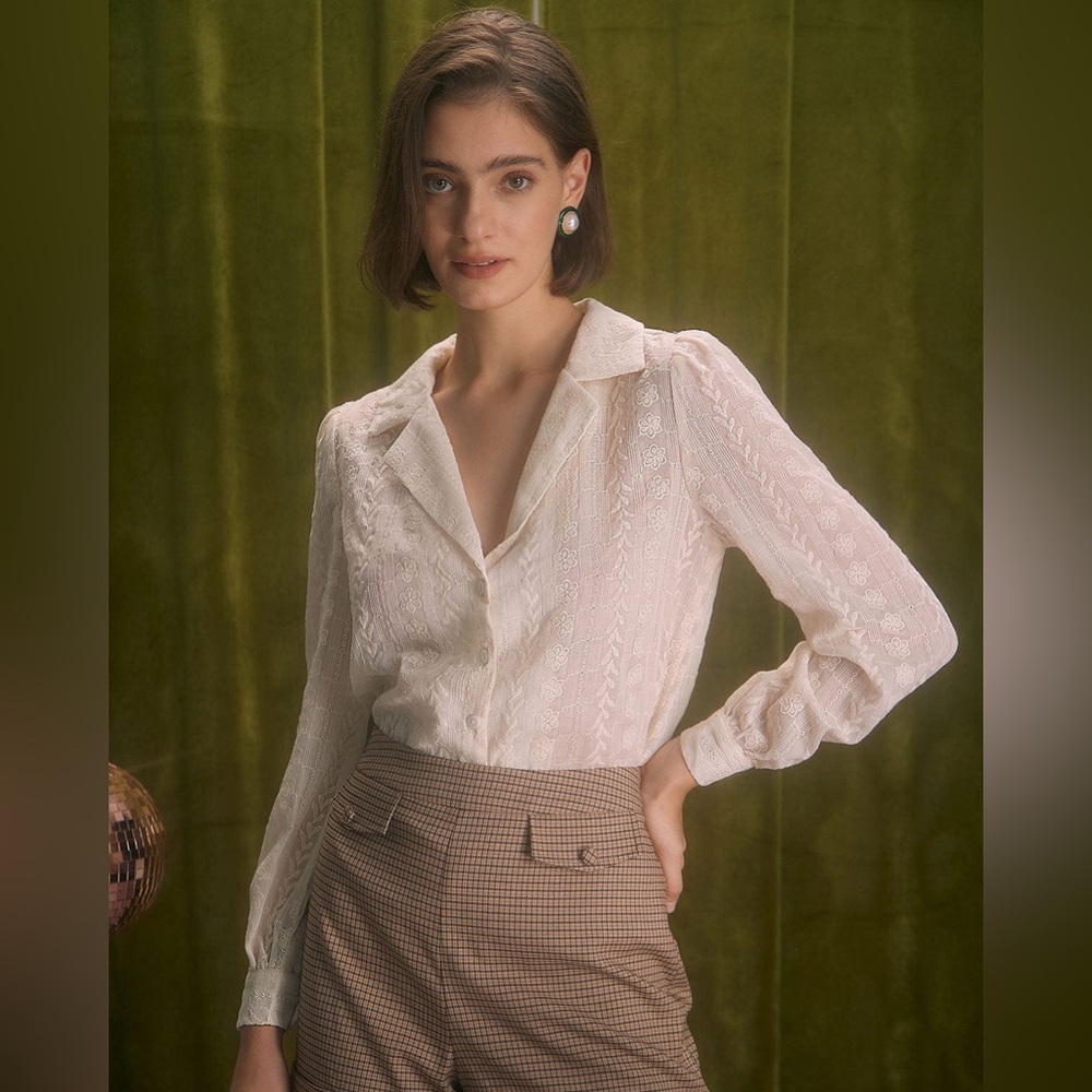 RIHOAS The Apricot Lapel Floral Embroidery Blouse L
